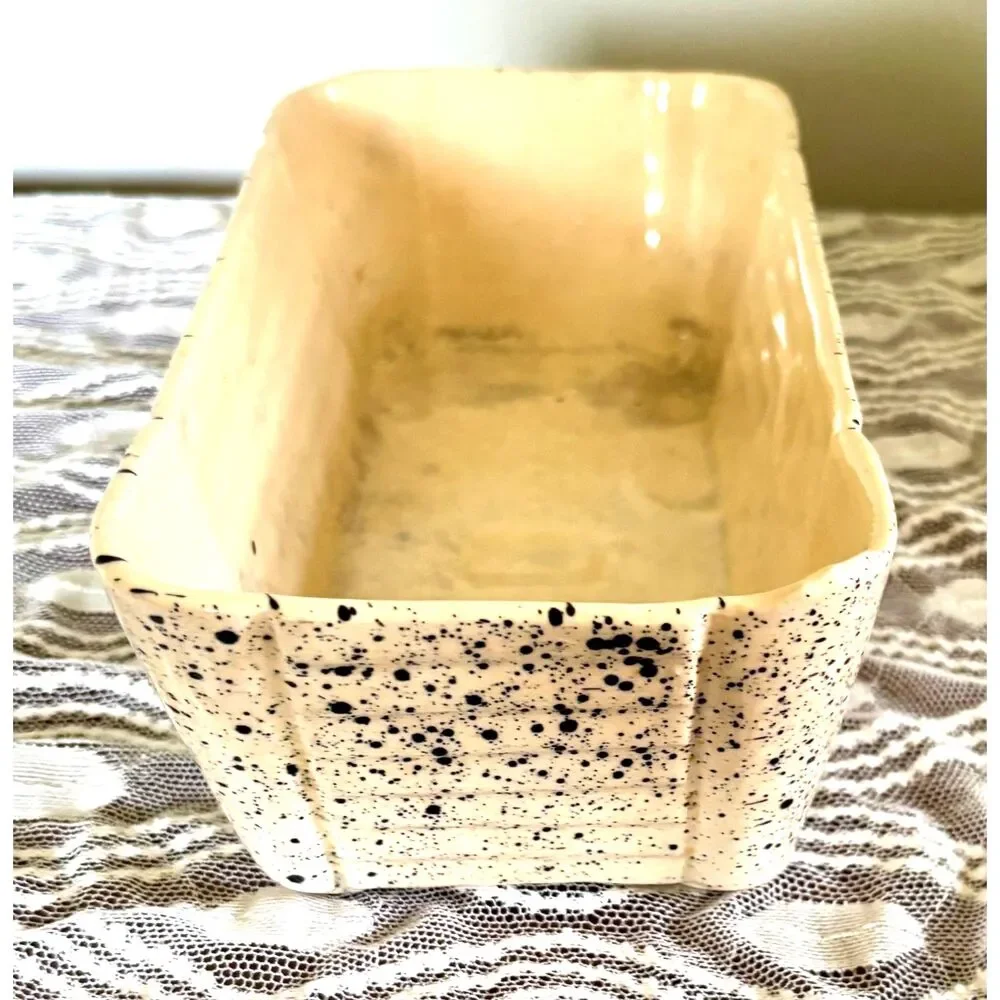 Vintage USA Pottery Loaf Pan Speckled Stoneware Bread Baker Cream Black Splatter